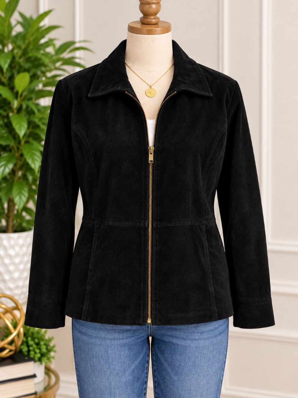 Women's Black Genuine Suede Leather Jacket – Gold Zipper – Classic Style